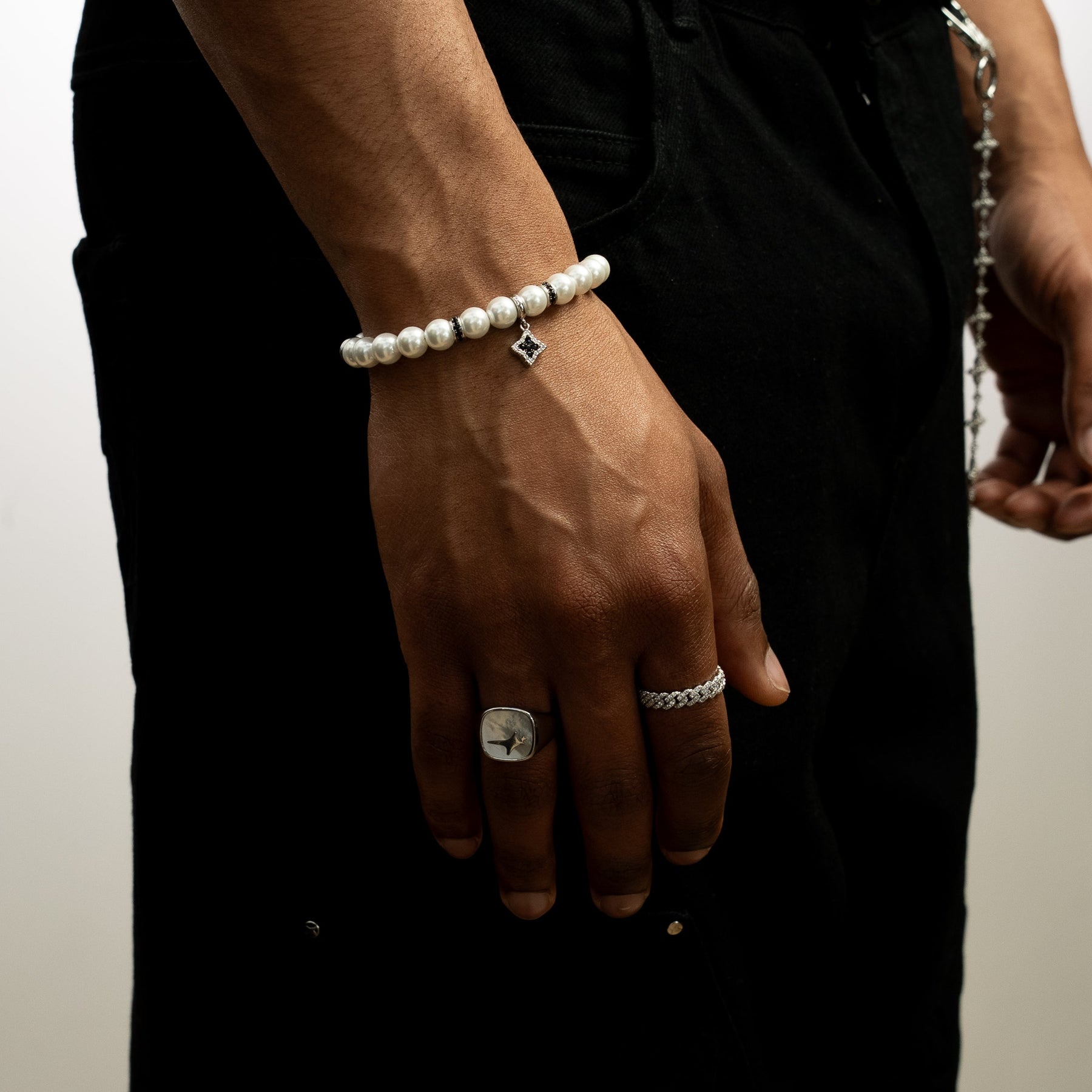 Bracelet Flower Pearl Argenté - Pierres Noires