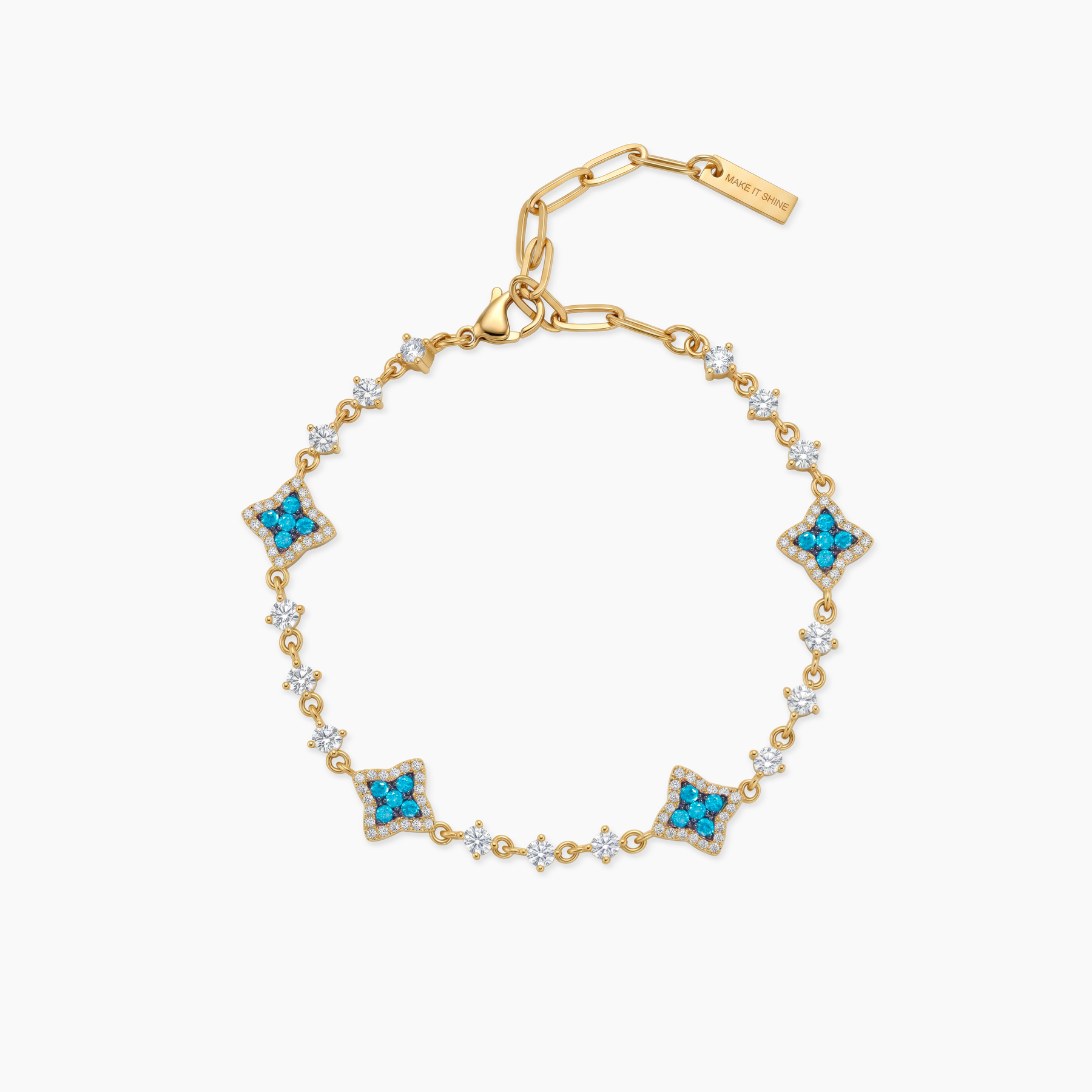 Bracelet Flower Tennis Doré - Pierres bleues