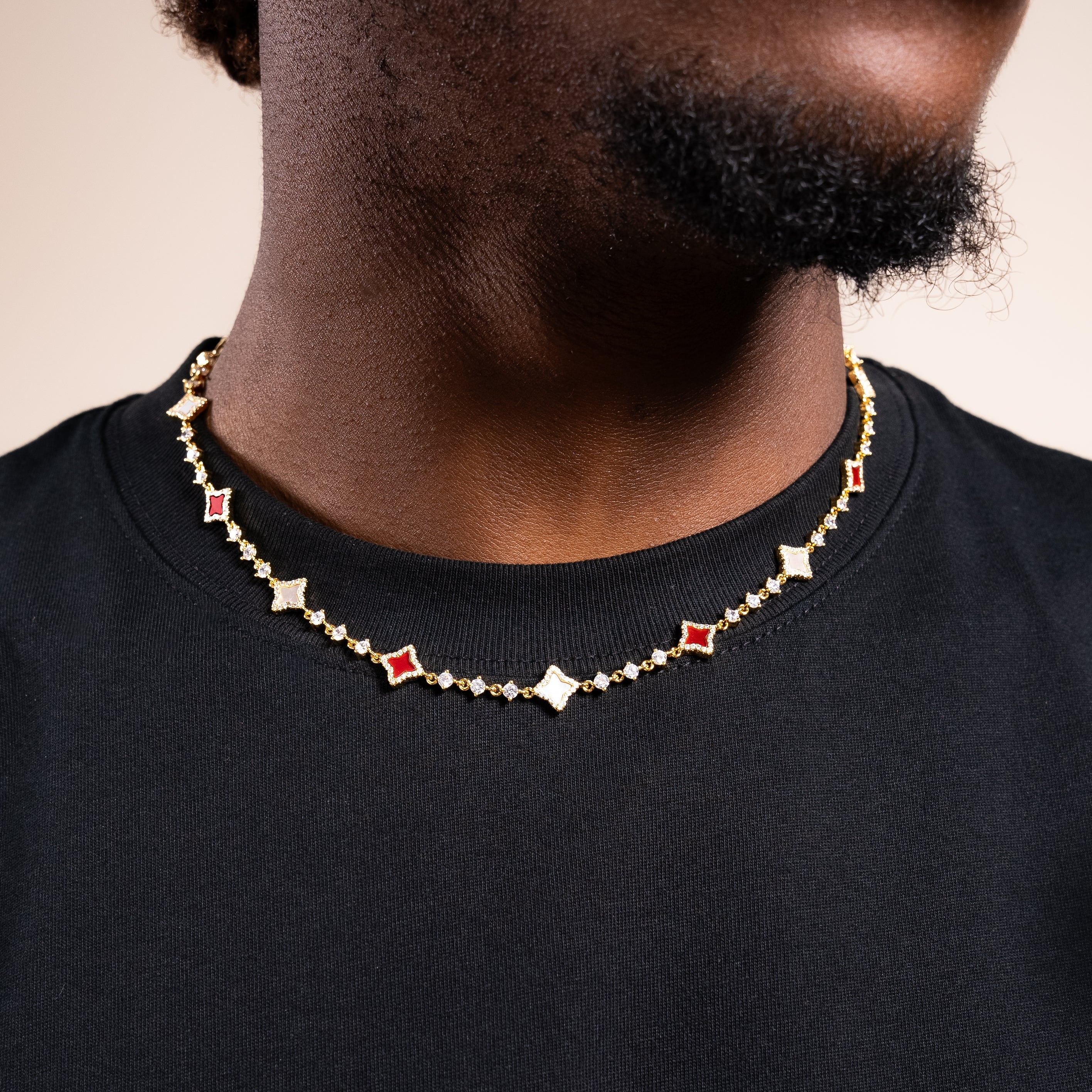 Chaîne Flower Tennis Dorée - Motif Blanc & Rouge