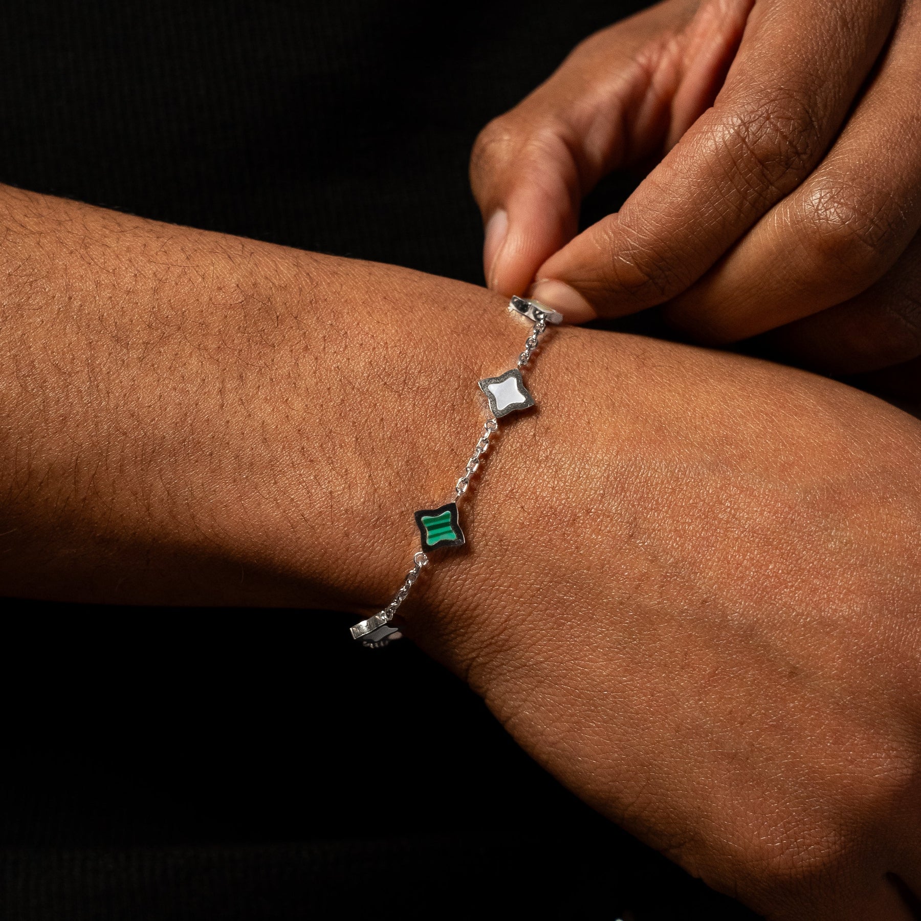 Bracelet Flower câble Argenté - Motif Blanc & Vert