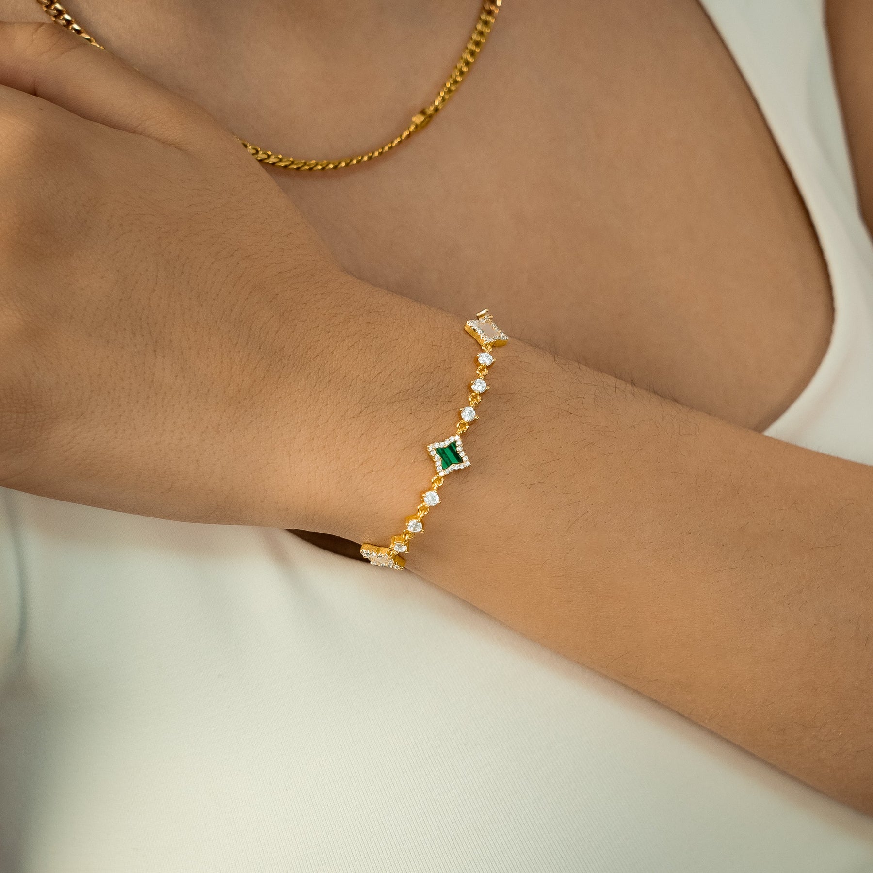Bracelet Flower Tennis Doré - Motif Blanc & Vert