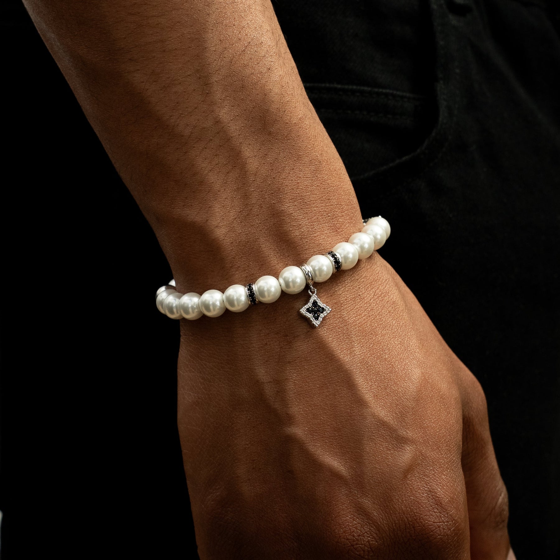 Bracelet Flower Pearl Argenté - Pierres Noires