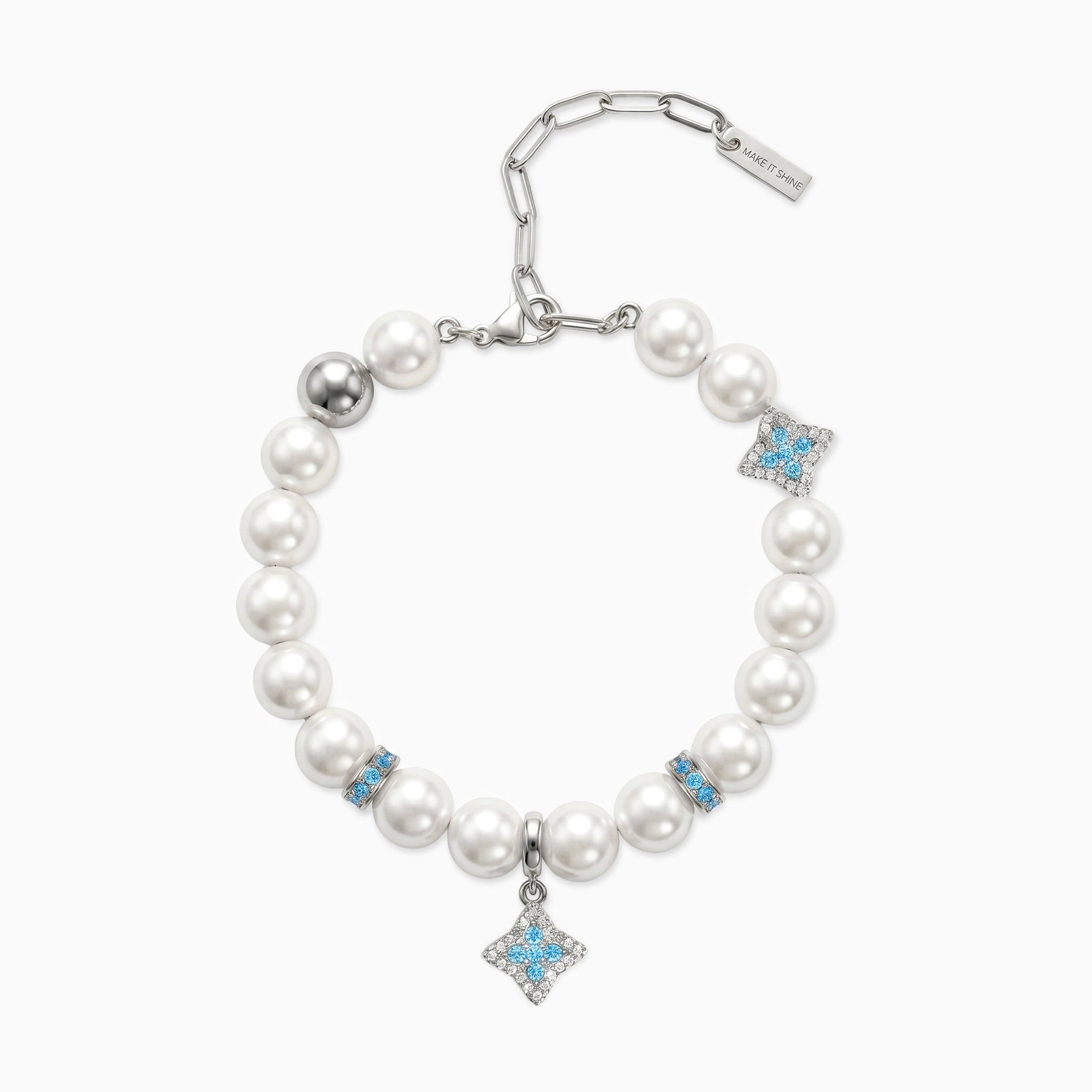 Bracelet Flower Pearl Argenté - Pierres Bleues