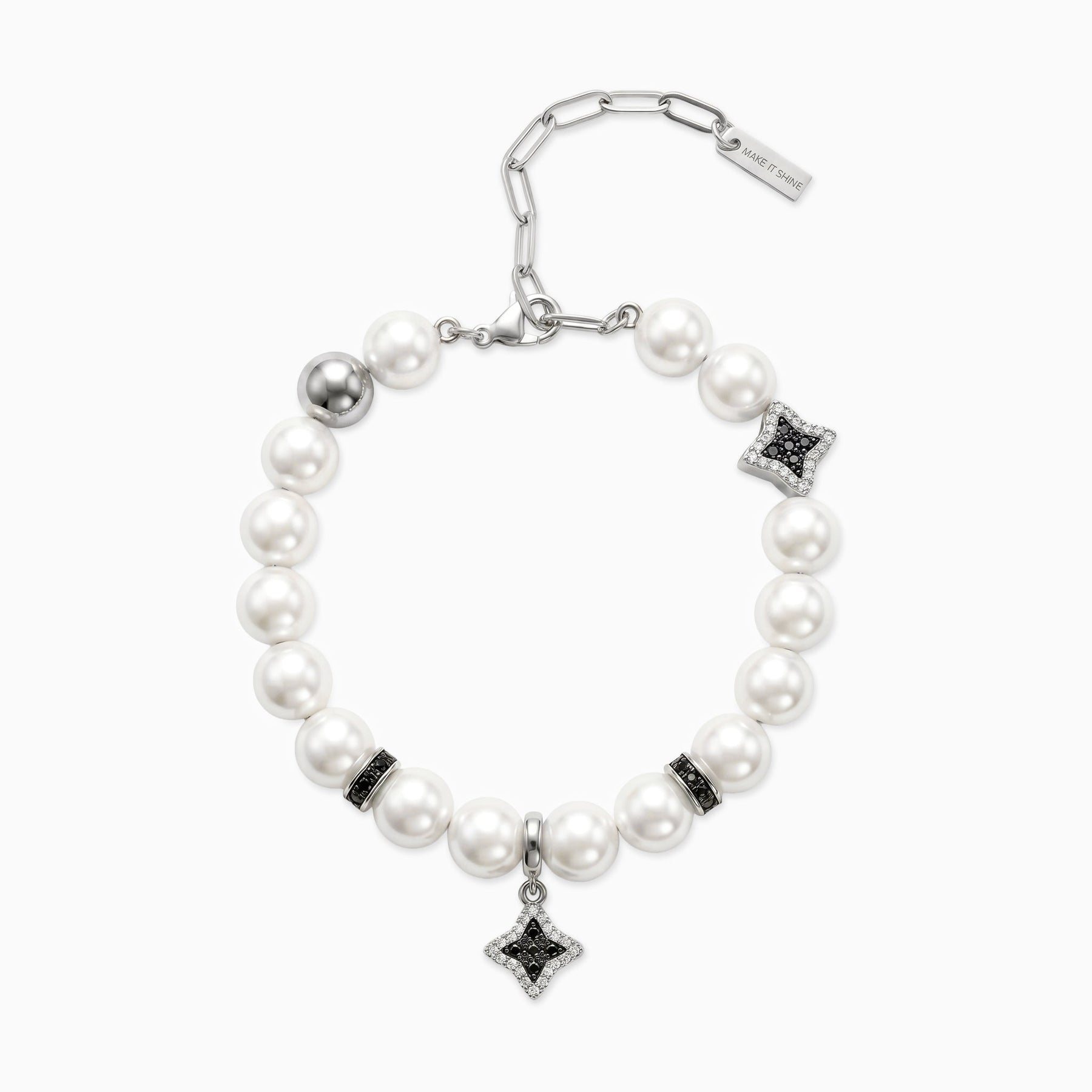 Bracelet Flower Pearl Argenté - Pierres Noires