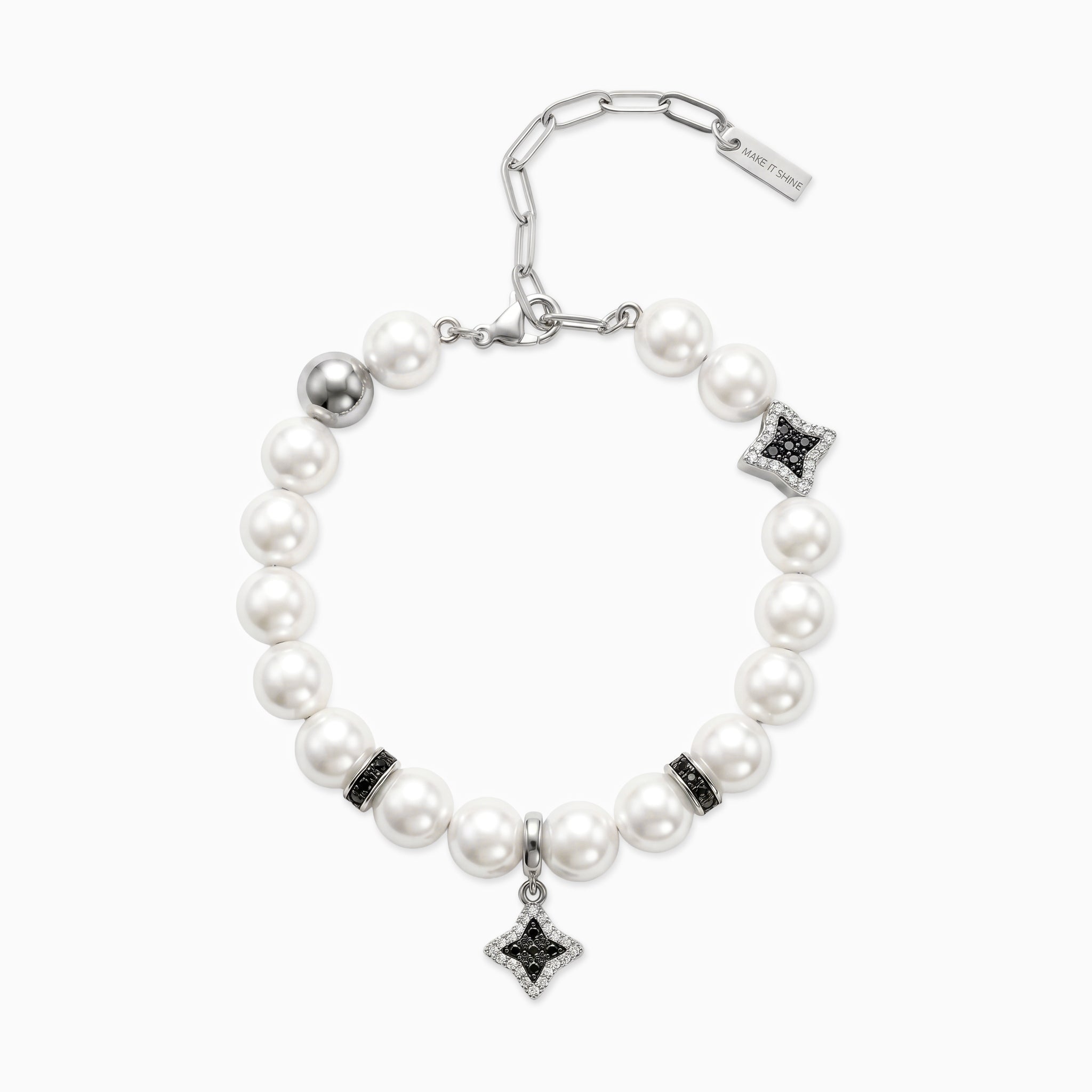 Bracelet Flower Pearl Argenté - Pierres Noires