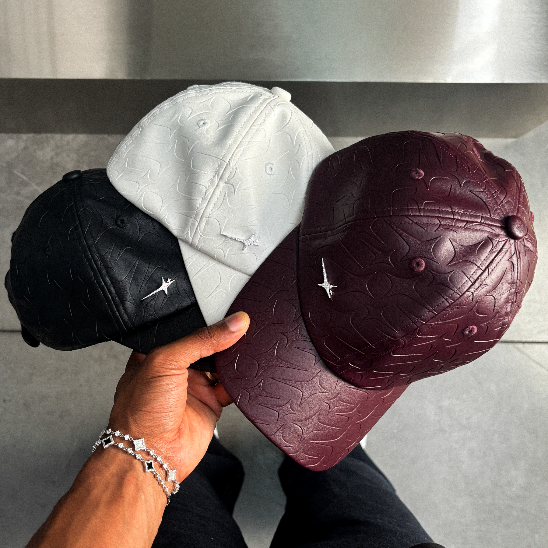 Leather Monogram cap - Bordeaux & Moissanite