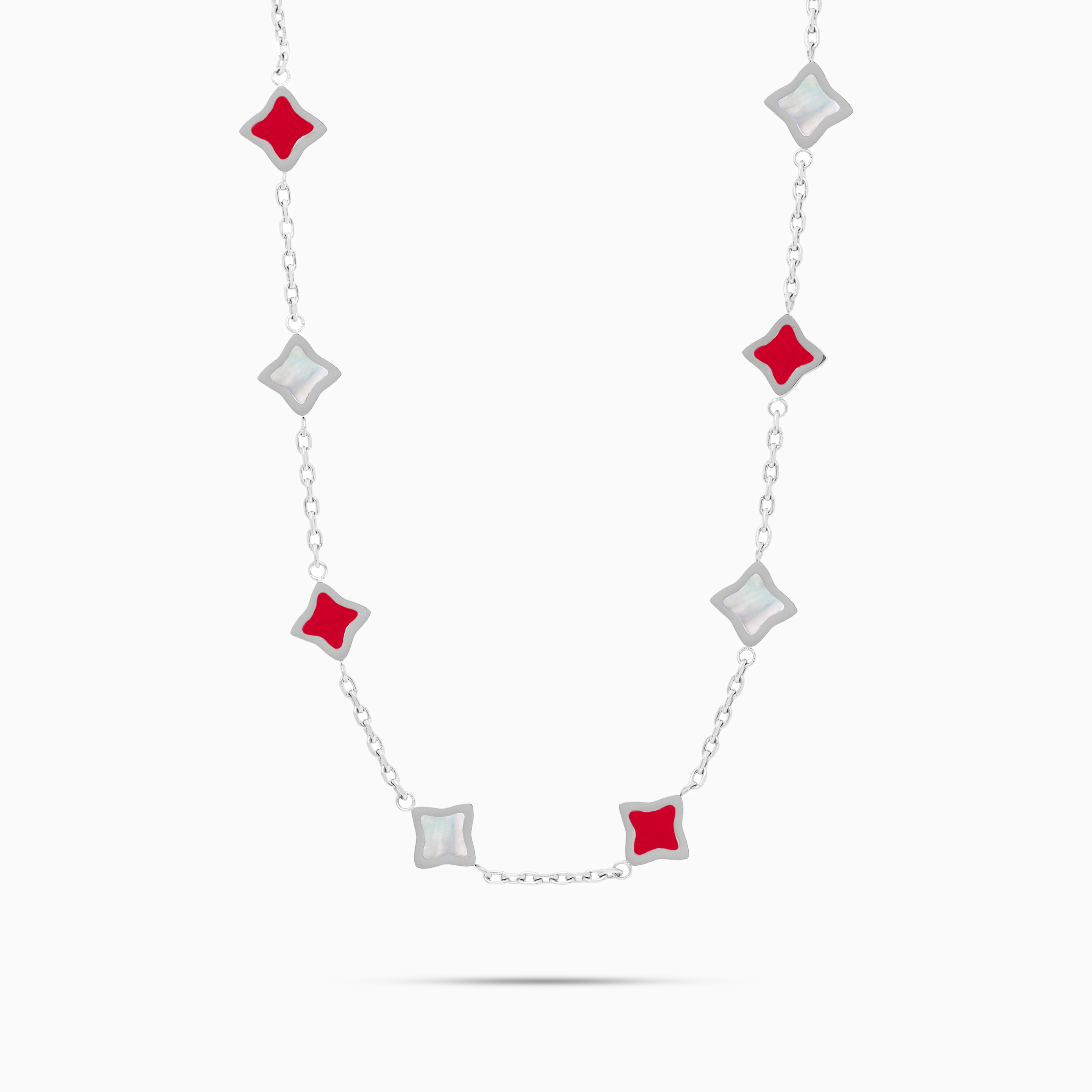 Chaîne Flower câble Argentée - Motif Blanc & Rouge