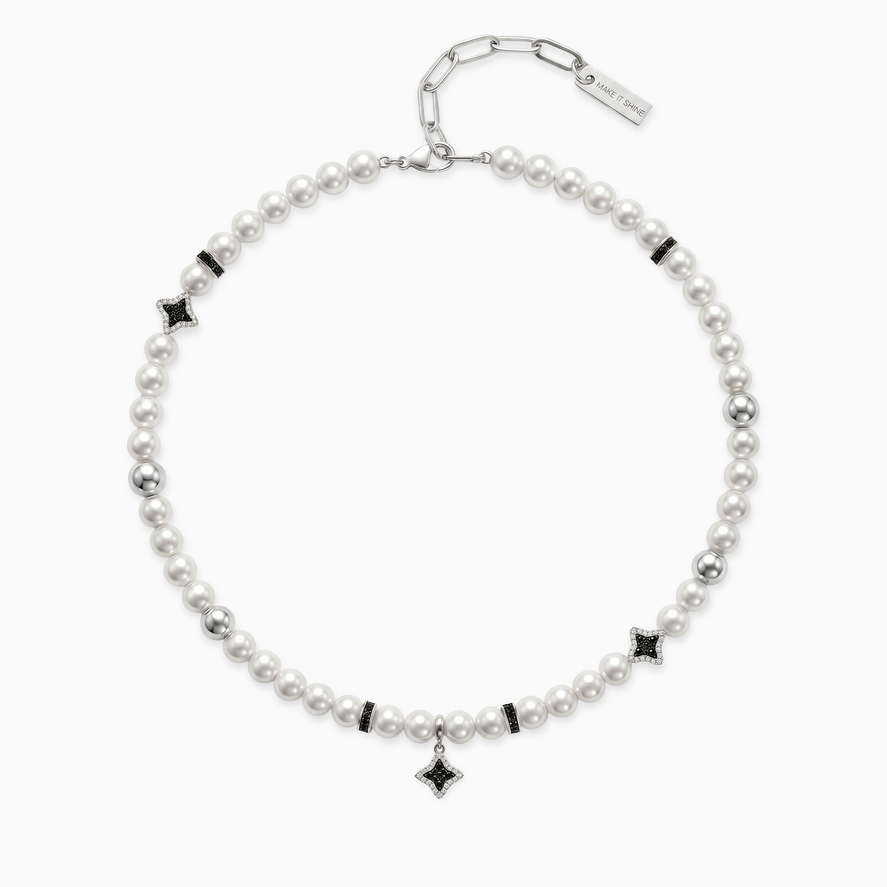 Chaîne Flower Pearl Argentée - Pierres Noires