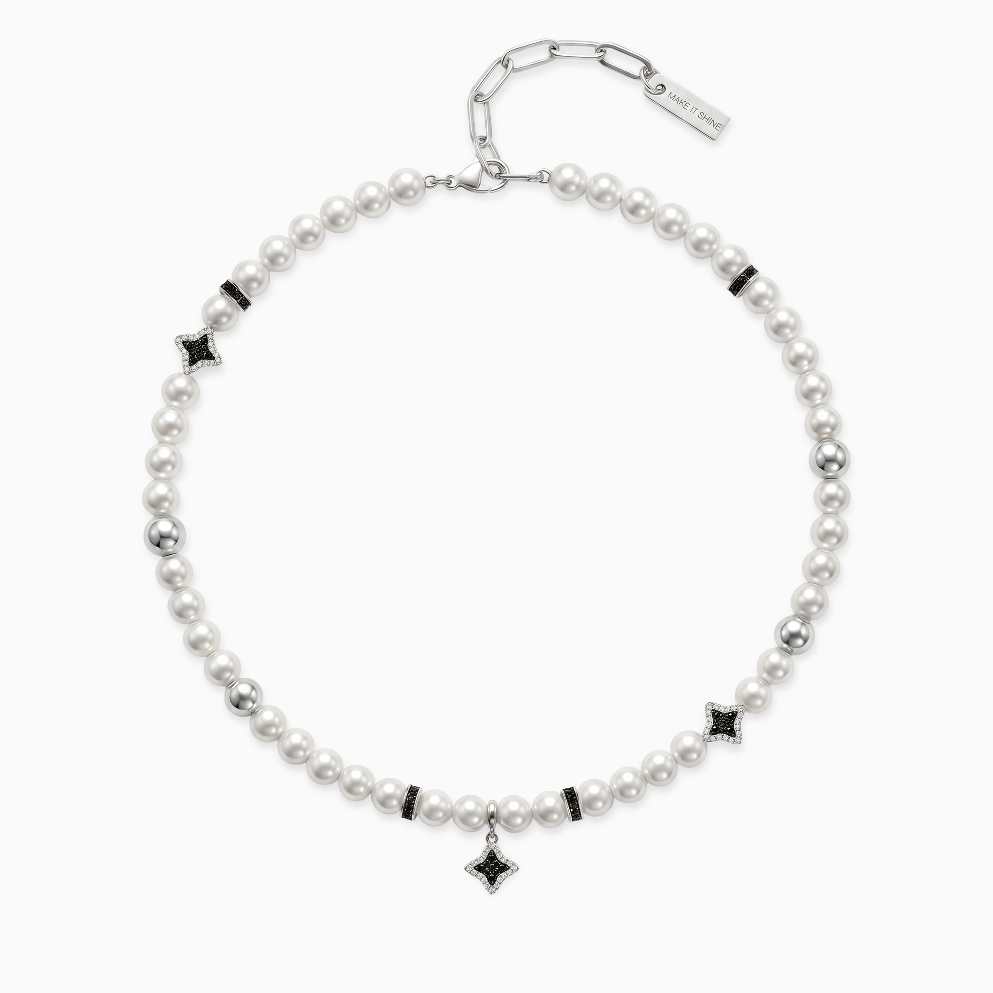 Chaîne Flower Pearl Argentée - Pierres Noires