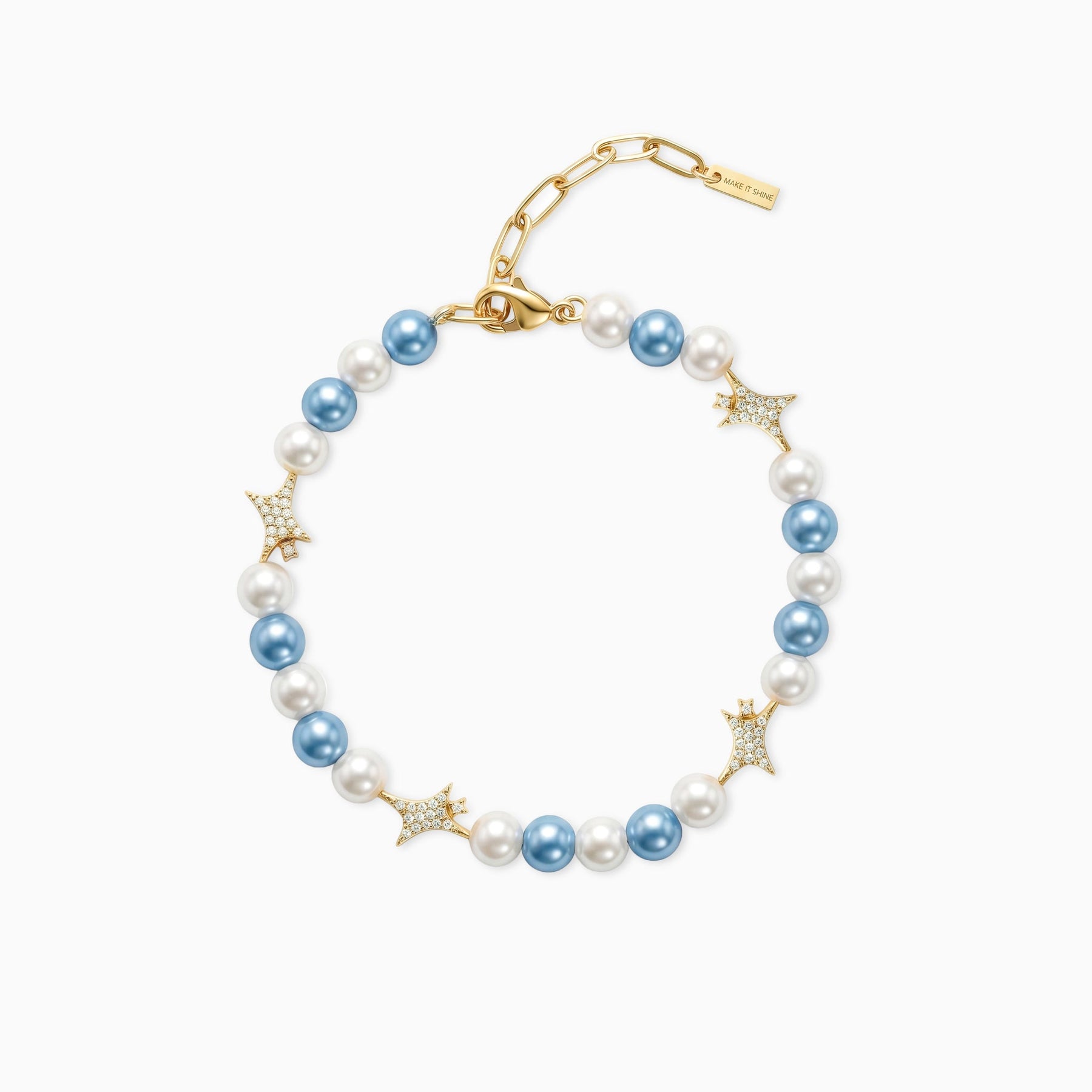 Bracelet perlé Signature Doré - Blanc et Bleu